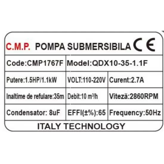 Pompa Submersibila apa murdara /curata Campion QDX10-35 1.1 KW,Debit 10m3/h,refulare 35 m, Debit marit 2 toli / 1.5 toli / 1 tol Cu plutitor