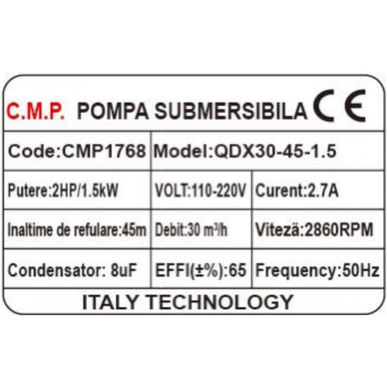 Pompa Submersibila apa murdara /curata Campion QDX45 1.5KW KW,Debit 30 m3/h,refulare 45 m, Debit marit 2 toli / 1.5 toli / 1 tol  Fara plutitor