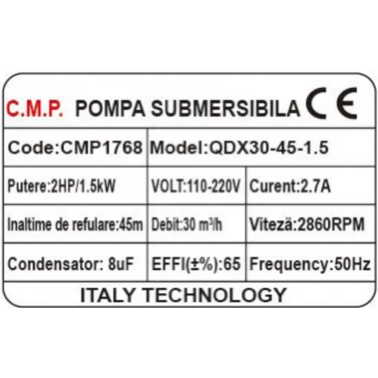Pompa Submersibila apa murdara /curata Campion QDX45 1.5KW KW,Debit 30 m3/h,refulare 45 m, Debit marit 2 toli / 1.5 toli / 1 tol Fara plutitor