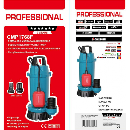 Pompa Submersibila apa murdara /curata Campion QDX45 1.5KW KW,Debit 30 m3/h,refulare 45 m, Debit marit 2 toli / 1.5 toli / 1 tol  cu plutitor