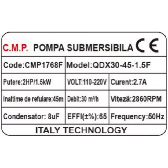 Pompa Submersibila apa murdara /curata Campion QDX45 1.5KW KW,Debit 30 m3/h,refulare 45 m, Debit marit 2 toli / 1.5 toli / 1 tol cu plutitor