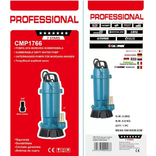 Pompa submersibila apa murdara / curata Campion QDX3-25, 0.75KW, debit 3 m³/h, refulare 25 m, fara plutitor