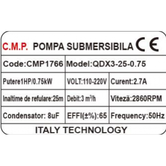 Pompa submersibila apa murdara / curata Campion QDX3-25, 0.75KW, debit 3 m³/h, refulare 25 m, fara plutitor