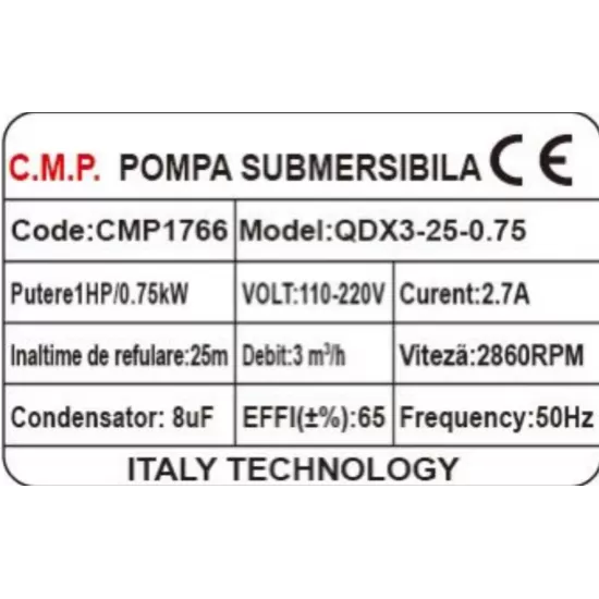 Pompa submersibila apa murdara / curata Campion QDX3-25, 0.75KW, debit 3 m³/h, refulare 25 m, fara plutitor