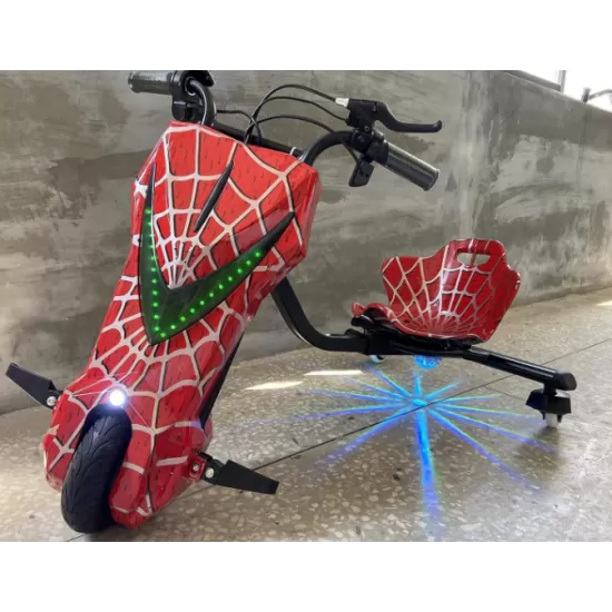 Tricicleta Electrica Drift Pentru Copii 360, Cu Suspenie, Trike, Motor 250W, Baterie 36V, 4400 mAh, Bluetooth, Viteza 15 km/h, Rosu Spiderman