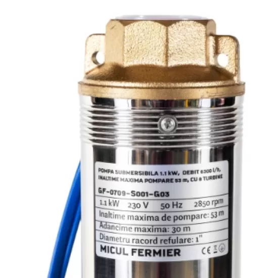 Pompa submersibila Micul Fermier, 1.1 kW, debit maxim 6300 l/h, inaltime maxima de pompare 53m, 8 turbine