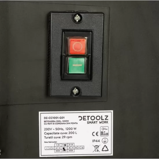 Betoniera Detoolz, capacitate 200 litri, putere 1200W, coroana fonta, cu roti