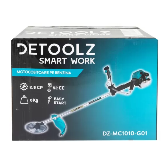 Motocoasa Detoolz 2.8CP 52CC motor benzina 2T, pornire rapida, 4 accesorii, tija 28mm