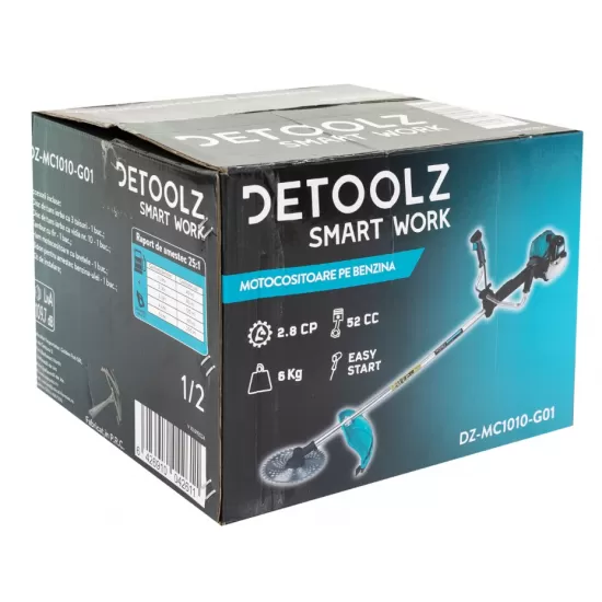 Motocoasa Detoolz 2.8CP 52CC motor benzina 2T, pornire rapida, 4 accesorii, tija 28mm