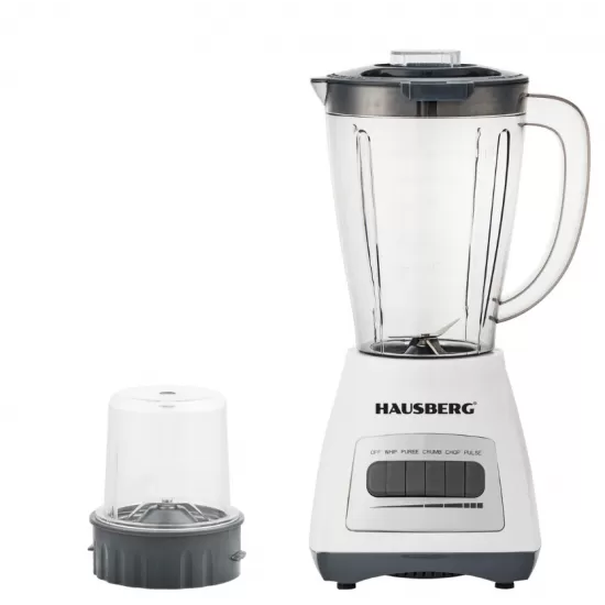 Blender cu rasnita HAUSBERG HB-7770AB, 500 W, 4 trepte de viteza, vas din plastic gradat de 1.5 litri, functie Pulse, lame din otel inoxidabil, sistem de siguranta, alb