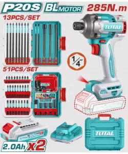 TOTAL - MASINA DE INSURUBAT CU IMPACT CU ACUMULATOR - 20V - 2.0AH - LI-ION (2 ACUMULATORI) - 6.35MM