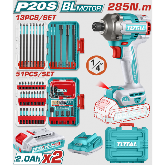TOTAL - MASINA DE INSURUBAT CU IMPACT CU ACUMULATOR - 20V - 2.0AH - LI-ION (2 ACUMULATORI) - 6.35MM
