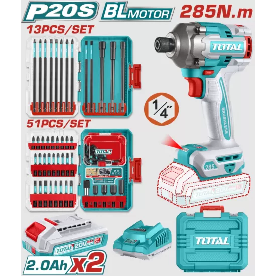TOTAL - MASINA DE INSURUBAT CU IMPACT CU ACUMULATOR - 20V - 2.0AH - LI-ION (2 ACUMULATORI) - 6.35MM