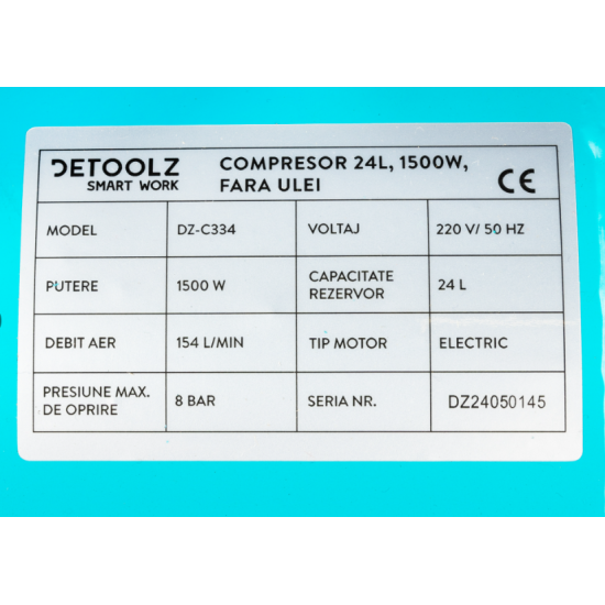Compresor  24L fara ulei, 1500 W, debit 154L/min, 8 bar, 2 prize de aer Detoolz