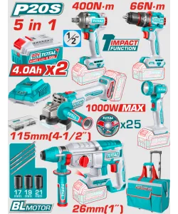 TOTAL - SET 5 UNELTE - 20V - CU 2 ACUMULATORI 4.0Ah SI INCARCATOR (INDUSTRIAL)