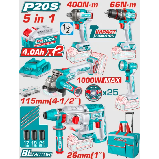 TOTAL - SET 5 UNELTE - 20V - CU 2 ACUMULATORI 4.0Ah SI INCARCATOR (INDUSTRIAL)