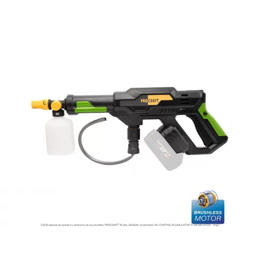 CW20 Aparat de spalat cu presiune pe acumulator PROCRAFT 30 bar, 20V/4Ah, brushlesss, NU CONTINE ACUMULATOR SI INCARCATOR