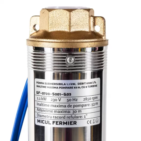 Pompa submersibila Micul Fermier, pentru apa curata, 1.1 kW, debit 6300 l/h, inaltime maxima pompare 53 m, 8 turbine