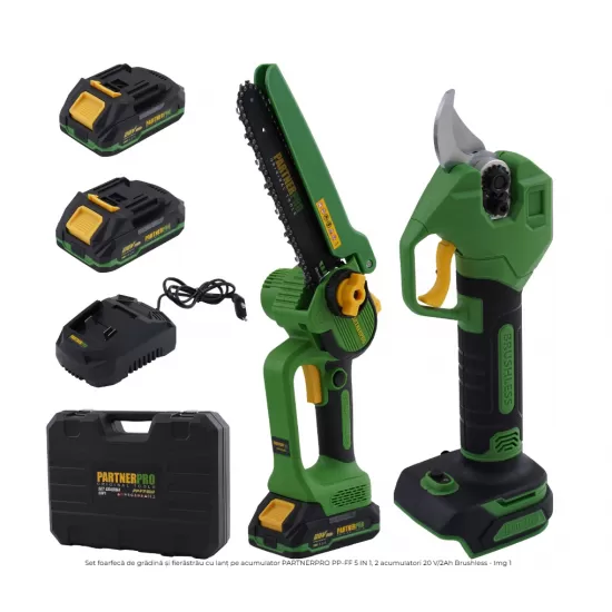 Set foarfecă de grădină și fierăstrău cu lanț pe acumulator PARTNERPRO PP-FF 5 IN 1, 2 acumulatori 20 V/2Ah Brushless