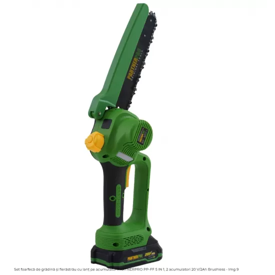 Set foarfecă de grădină și fierăstrău cu lanț pe acumulator PARTNERPRO PP-FF 5 IN 1, 2 acumulatori 20 V/2Ah Brushless