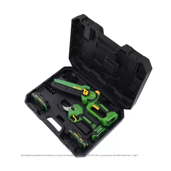 Set foarfecă de grădină și fierăstrău cu lanț pe acumulator PARTNERPRO PP-FF 5 IN 1, 2 acumulatori 20 V/2Ah Brushless