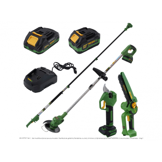 Set multifunctional pe acumulator, foarfeca de gradina, fierastrau cu lant, trimmer si tija telescopică PARTNERPRO, 2 acumulatori, brushless PP-FFTP 7 IN 1