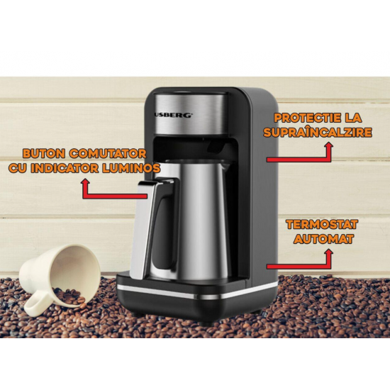 Aparat pentru preparat cafea turceasca HAUSBERG HB-3821IN, 400-500W, 250ml, protective supraincalzire, termostat, Inox-Negru
