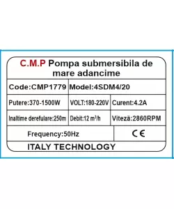 Pompa apa submersibila Campion Multietajata 4SDM3/20 20 turbine, cablu lung 30m, refulare 250 m, debit 12 m³ /h
