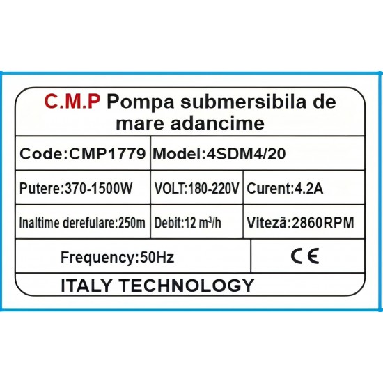 Pompa apa submersibila Campion Multietajata 4SDM3/20 20 turbine, cablu  lung 30m, refulare 250 m, debit 12 m³ /h