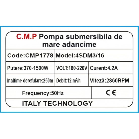 Pompa apa submersibila Multietajata 4SDM3/16 16 turbine, cablu  30m,refulare 250 m, debit 12 m³ /h