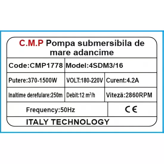 Pompa apa submersibila Multietajata 4SDM3/16 16 turbine, cablu 30m,refulare 250 m, debit 12 m³ /h