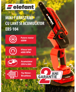 Mini fierastrau cu lant si acumulator ELEFANT EBS-104, 20V / 4Ah, Brushless