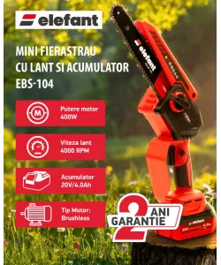 Mini fierastrau cu lant si acumulator ELEFANT EBS-104, 20V / 4Ah, Brushless