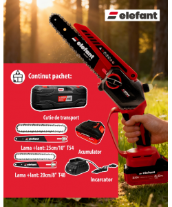 Mini fierastrau cu lant si acumulator ELEFANT EBS-104, 20V / 4Ah, Brushless