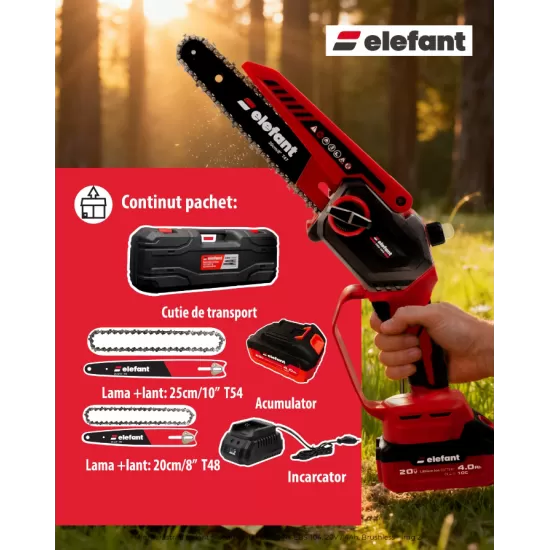 Mini fierastrau cu lant si acumulator ELEFANT EBS-104, 20V / 4Ah, Brushless