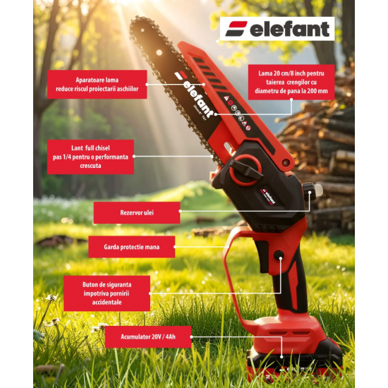 Mini fierastrau cu lant si acumulator ELEFANT EBS-104, 20V / 4Ah, Brushless