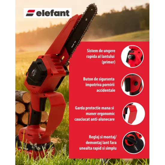 Mini fierastrau cu lant si acumulator ELEFANT EBS-104, 20V / 4Ah, Brushless