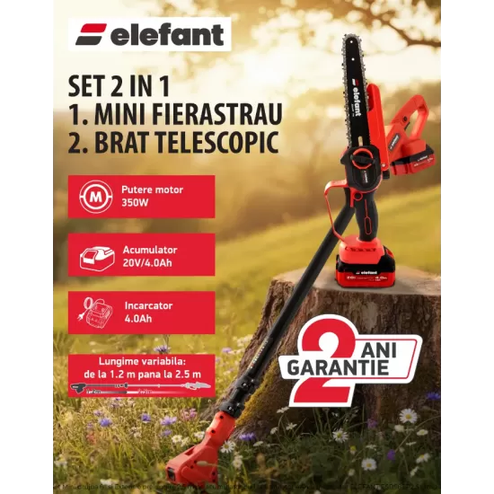 Set Mini drujba 8" si Extensie prelungire 2,5 m pe acumulator cu 1 acumulator 4Ah si incarcator ELEFANT ESBS8EP2.5