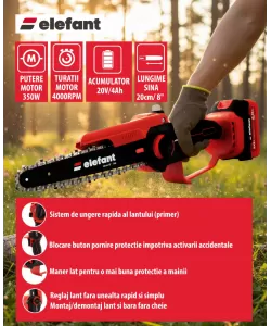 Set Mini drujba 8" si Extensie prelungire 2,5 m pe acumulator cu 1 acumulator 4Ah si incarcator ELEFANT ESBS8EP2.5