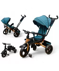TRICICLETA COPII 5099 EVA PLUS CU POZITIE DE SOMN, SCAUN REVERSIBIL, FAR CU LUMINI SI MUZICA TURCOAZ GOLD