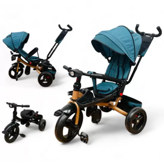 TRICICLETA COPII 5099 EVA PLUS CU POZITIE DE SOMN, SCAUN REVERSIBIL, FAR CU LUMINI SI MUZICA TURCOAZ GOLD