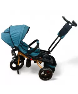 TRICICLETA COPII 5099 EVA PLUS CU POZITIE DE SOMN, SCAUN REVERSIBIL, FAR CU LUMINI SI MUZICA TURCOAZ GOLD