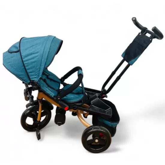 TRICICLETA COPII 5099 EVA PLUS CU POZITIE DE SOMN, SCAUN REVERSIBIL, FAR CU LUMINI SI MUZICA TURCOAZ GOLD