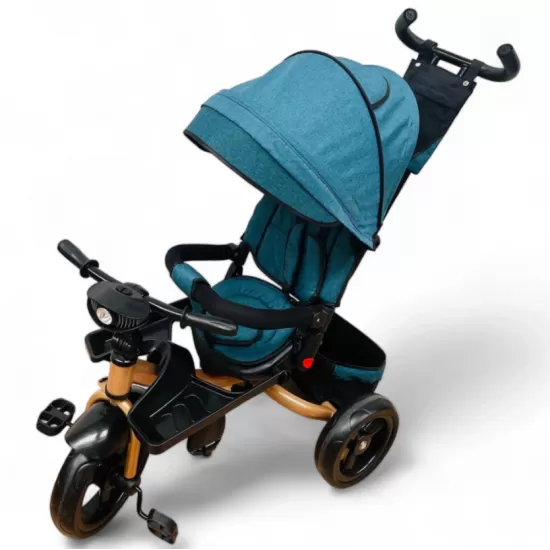 TRICICLETA COPII 5099 EVA PLUS CU POZITIE DE SOMN, SCAUN REVERSIBIL, FAR CU LUMINI SI MUZICA TURCOAZ GOLD