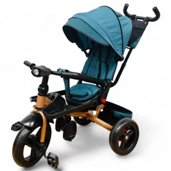 TRICICLETA COPII 5099 EVA PLUS CU POZITIE DE SOMN, SCAUN REVERSIBIL, FAR CU LUMINI SI MUZICA TURCOAZ GOLD