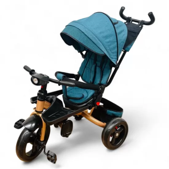 TRICICLETA COPII 5099 EVA PLUS CU POZITIE DE SOMN, SCAUN REVERSIBIL, FAR CU LUMINI SI MUZICA TURCOAZ GOLD