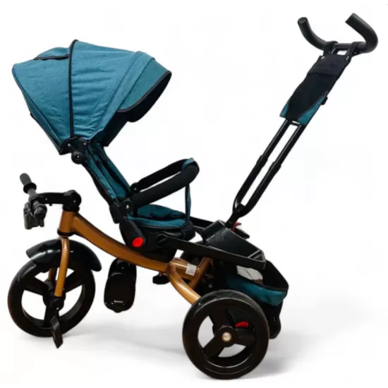 TRICICLETA COPII 5099 EVA PLUS CU POZITIE DE SOMN, SCAUN REVERSIBIL, FAR CU LUMINI SI MUZICA TURCOAZ GOLD