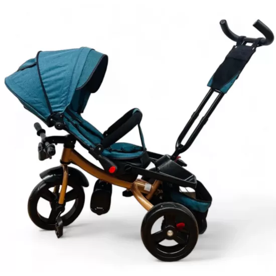 TRICICLETA COPII 5099 EVA PLUS CU POZITIE DE SOMN, SCAUN REVERSIBIL, FAR CU LUMINI SI MUZICA TURCOAZ GOLD