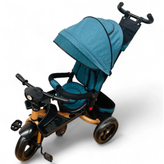 TRICICLETA COPII 5099 EVA PLUS CU POZITIE DE SOMN, SCAUN REVERSIBIL, FAR CU LUMINI SI MUZICA TURCOAZ GOLD