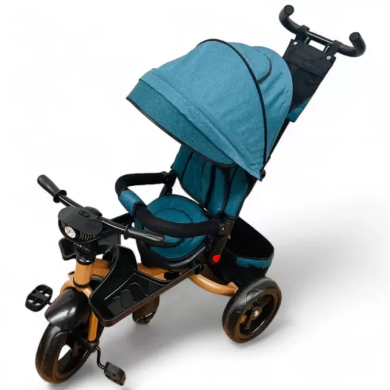TRICICLETA COPII 5099 EVA PLUS CU POZITIE DE SOMN, SCAUN REVERSIBIL, FAR CU LUMINI SI MUZICA TURCOAZ GOLD